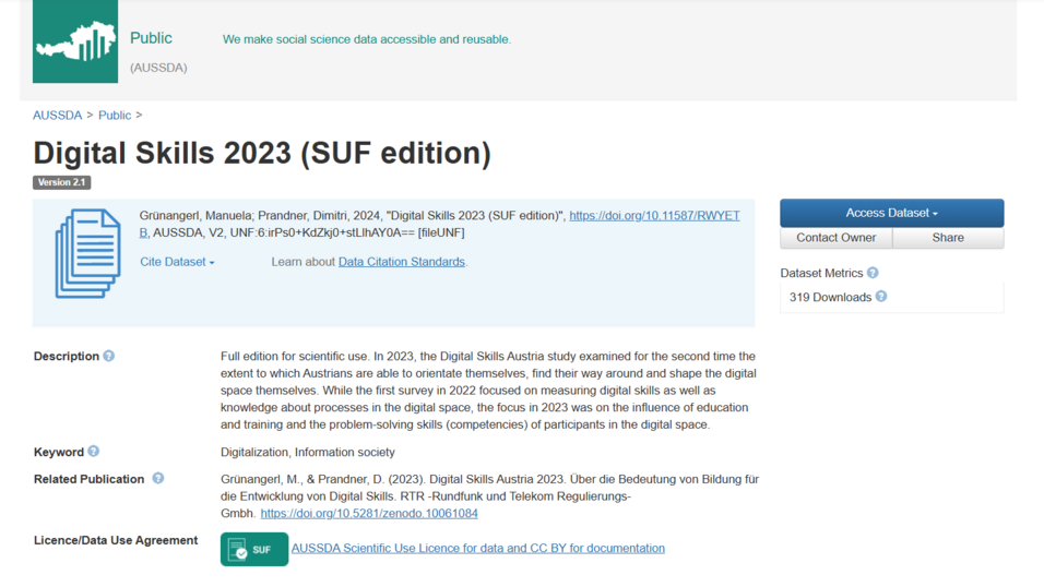Screenshot des Digital Skills Austria IV - Datensatzes im AUSSDA Dataverse.