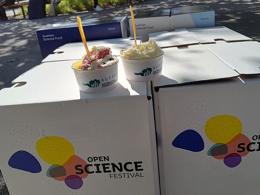 Zwei Eisbecher, die mit dem AUSSDA Logo beklebt sind,  stehen auf zwei kniehohen Pappwürfeln, die als Dekomaterial für das Open Science Festival vor dem Eingang zum Hörsaalzentrum auf dem Campus der Universität Wien platziert sind.
