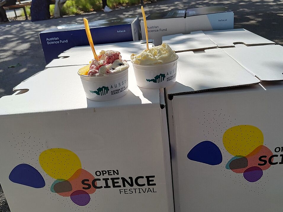 Zwei Eisbecher, die mit dem AUSSDA Logo beklebt sind,  stehen auf zwei kniehohen Pappwürfeln, die als Dekomaterial für das Open Science Festival vor dem Eingang zum Hörsaalzentrum auf dem Campus der Universität Wien platziert sind.