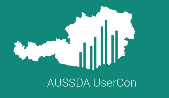 Die Grafik zeigt das AUSSDA Logo, bestehend aus der Österreich-Larte mit eingezogenen Datenbalken, in weiß auf mintgrünem Hintergrund. Darunter steht in weißer Schrift "AUSSDA UserCon". 