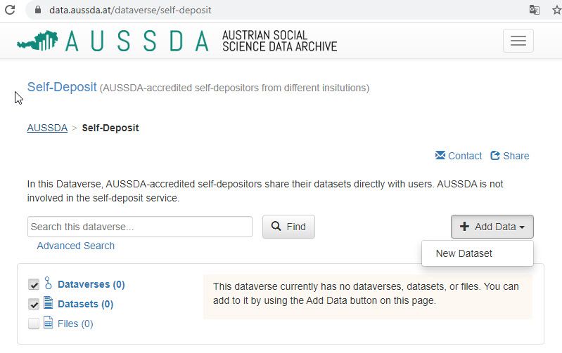 Ein Screenshot des neuen Self-Deposit Bereichs im Datenarchiv AUSSDA.